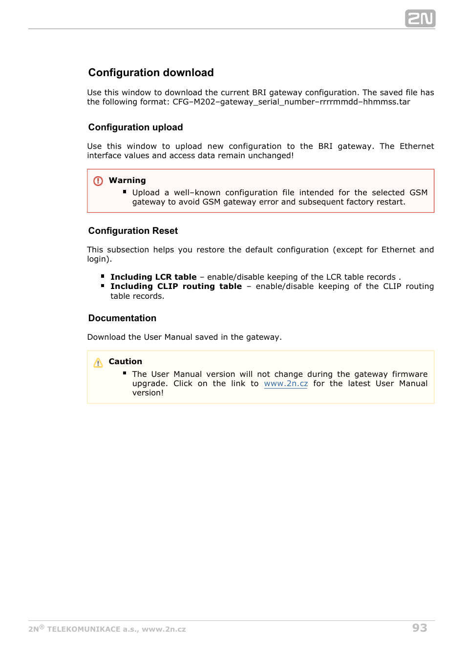 Configuration download | 2N BRI Lite/Enterprise v1.8 User Manual | Page 93 / 129