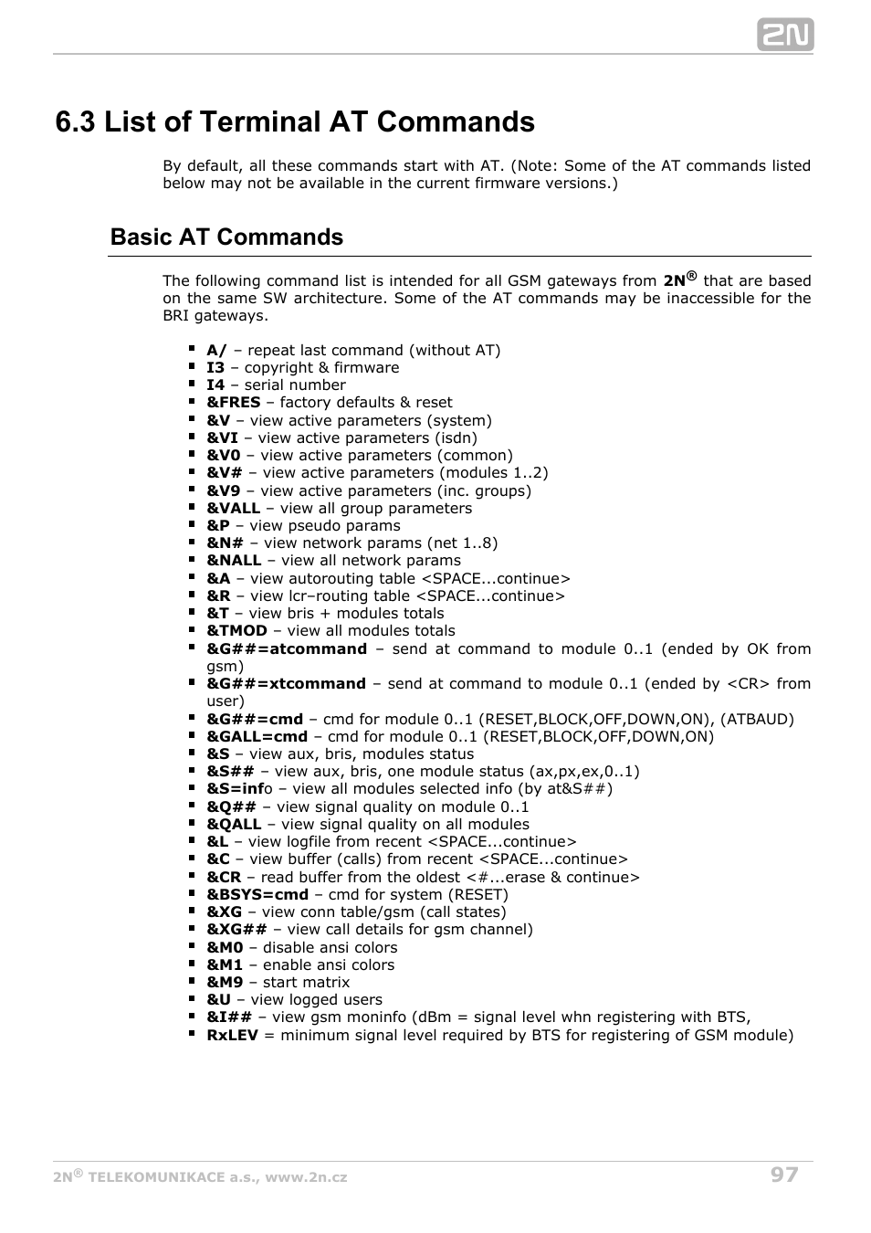 3 list of terminal at commands, Basic at commands | 2N BRI Lite/Enterprise v1.8 User Manual | Page 97 / 129