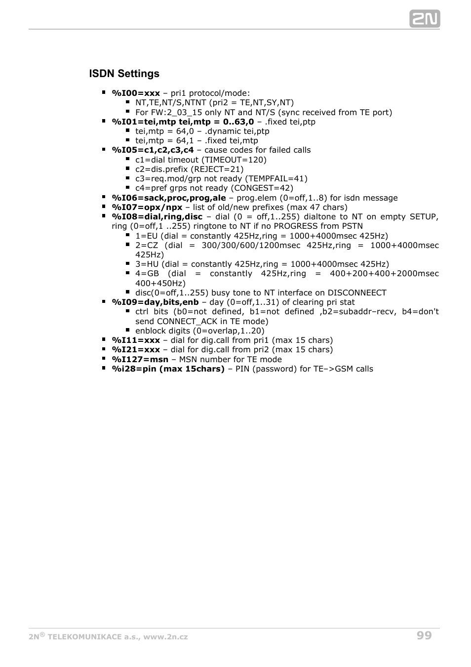 Isdn settings | 2N BRI Lite/Enterprise v1.8 User Manual | Page 99 / 129