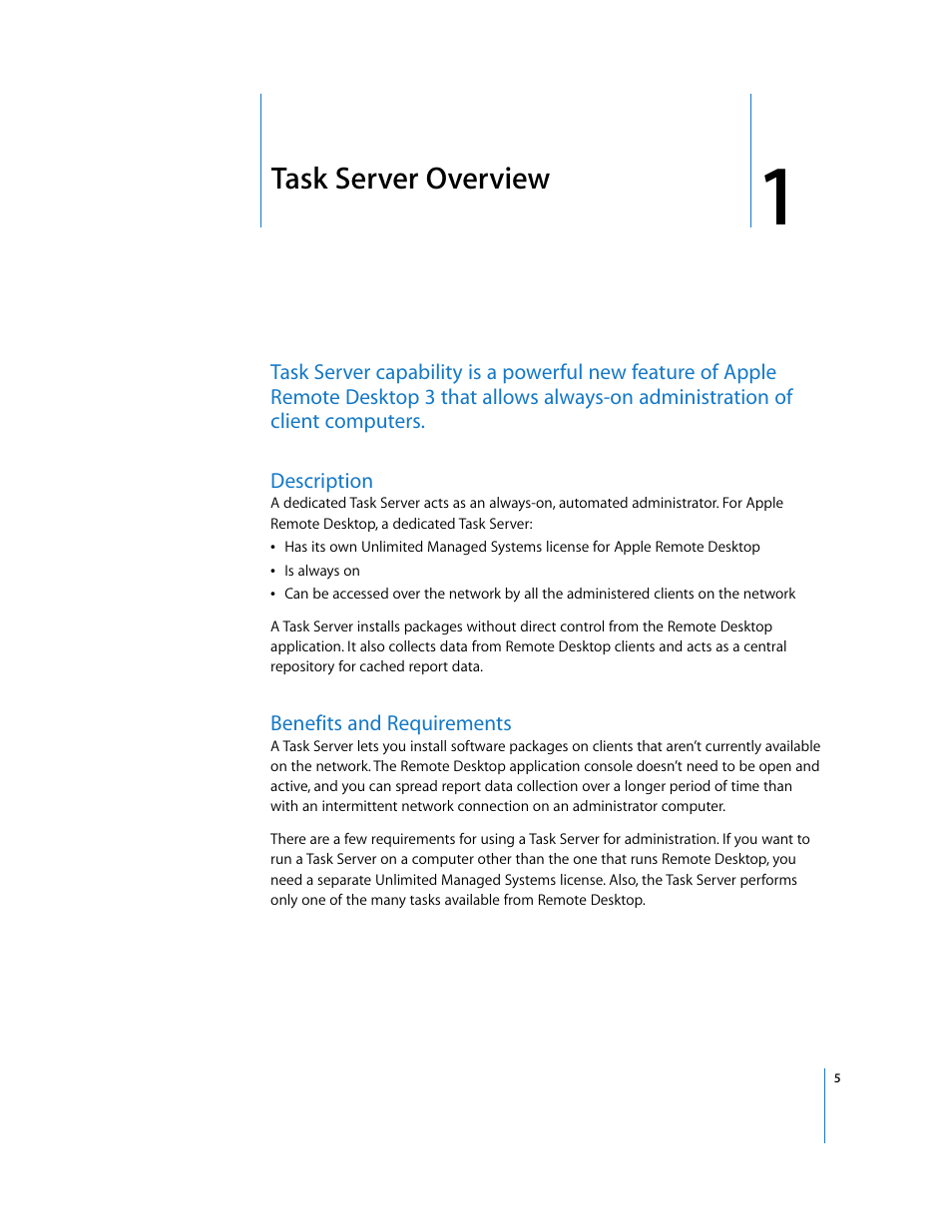 Task server overview, Description, Benefits and requirements | Chapter 1 | Apple Remote Desktop User Manual | Page 5 / 16