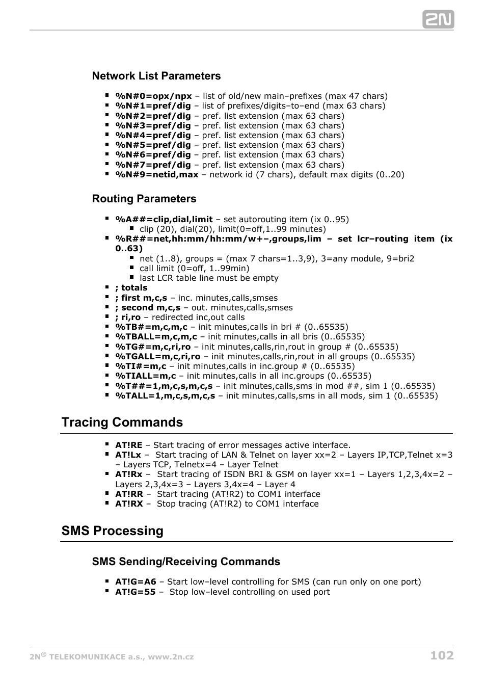 Tracing commands, Sms processing | 2N BRI Lite/Enterprise v1.7 User Manual | Page 102 / 130