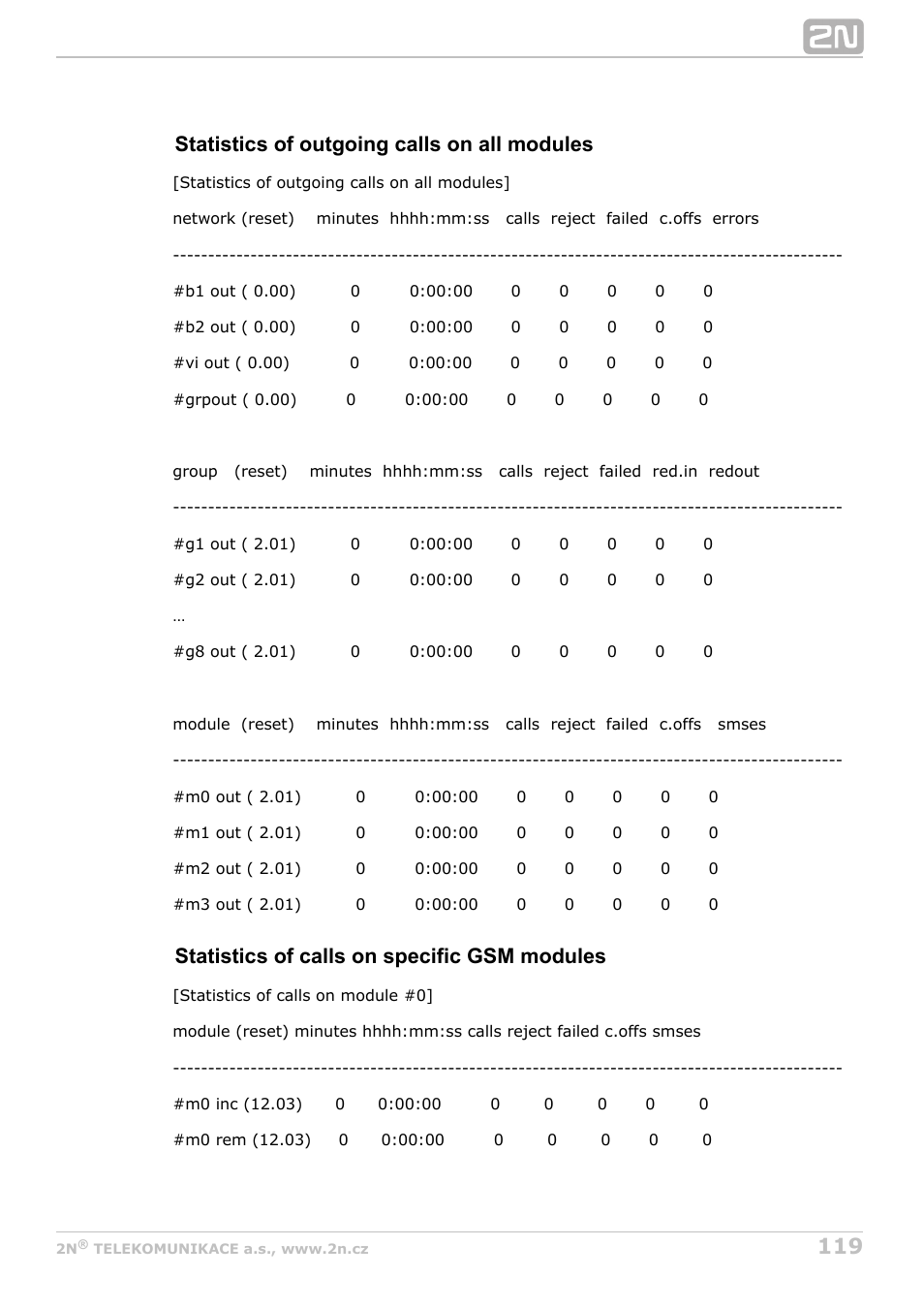 Statistics of outgoing calls on all modules, Statistics of calls on specific gsm modules | 2N BRI Lite/Enterprise v1.7 User Manual | Page 119 / 130