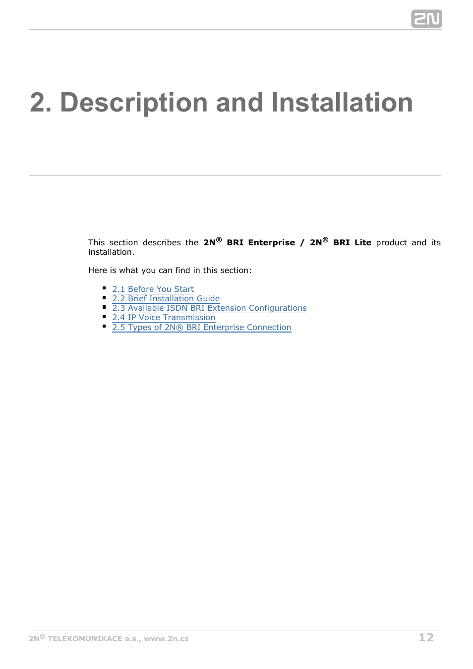 Description and installation | 2N BRI Lite/Enterprise v1.7 User Manual | Page 12 / 130