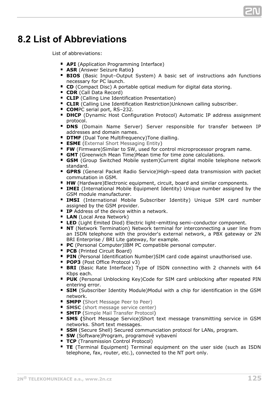 2 list of abbreviations | 2N BRI Lite/Enterprise v1.7 User Manual | Page 125 / 130