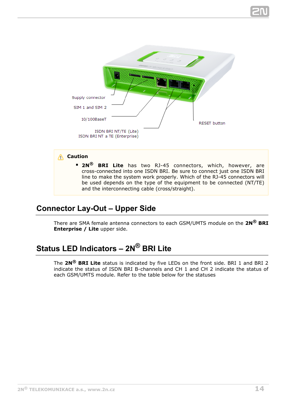 Connector lay-out – upper side, Status led indicators – 2n bri lite | 2N BRI Lite/Enterprise v1.7 User Manual | Page 14 / 130