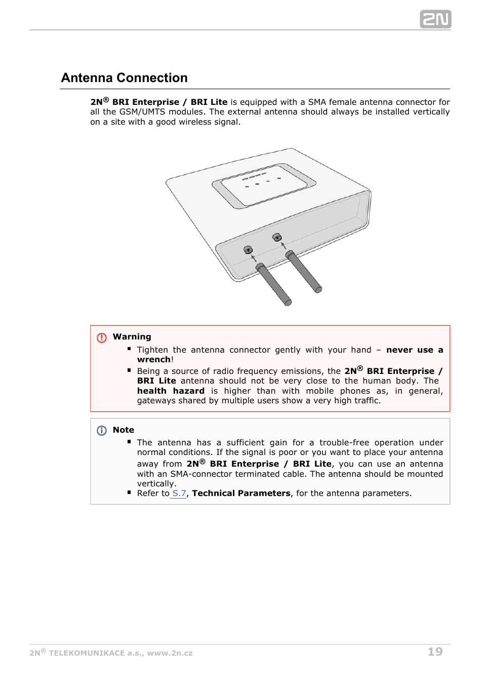 Antenna connection | 2N BRI Lite/Enterprise v1.7 User Manual | Page 19 / 130