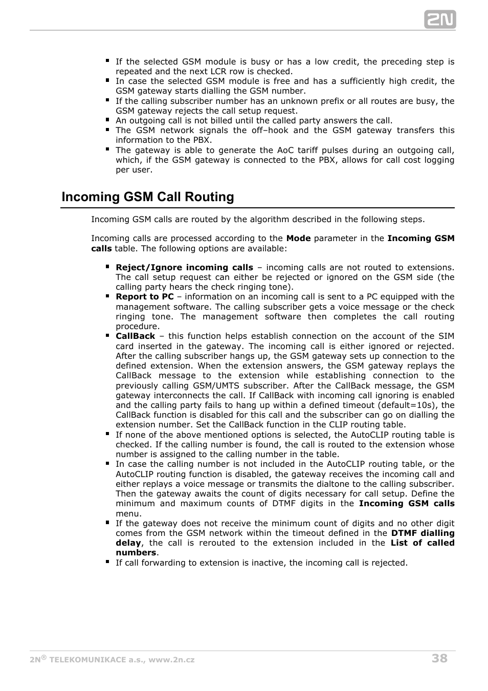 Incoming gsm call routing | 2N BRI Lite/Enterprise v1.7 User Manual | Page 38 / 130