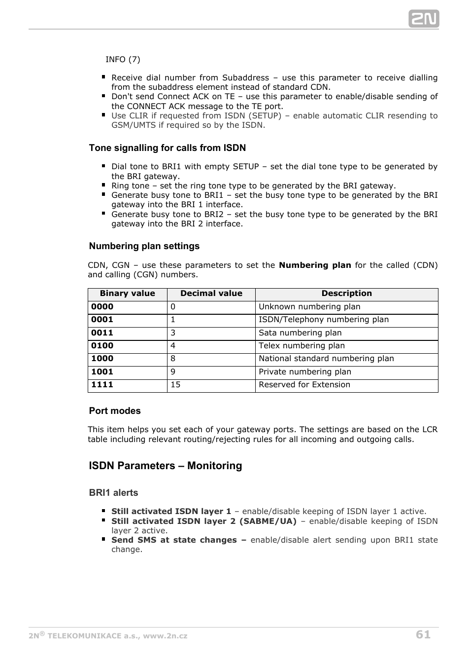 Isdn parameters – monitoring | 2N BRI Lite/Enterprise v1.7 User Manual | Page 61 / 130