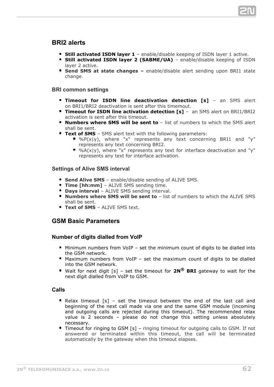 Bri2 alerts, Gsm basic parameters | 2N BRI Lite/Enterprise v1.7 User Manual | Page 62 / 130