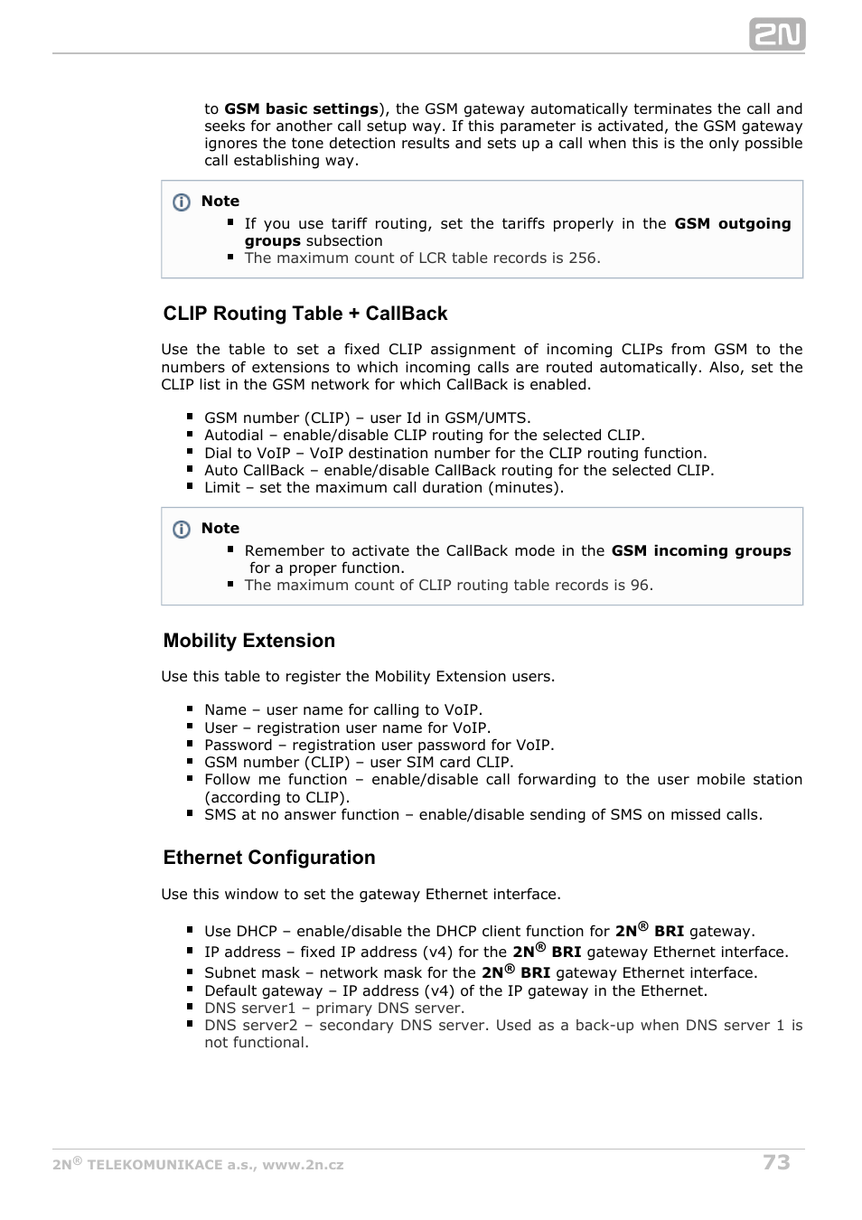 Clip routing table + callback, Mobility extension, Ethernet configuration | 2N BRI Lite/Enterprise v1.7 User Manual | Page 73 / 130