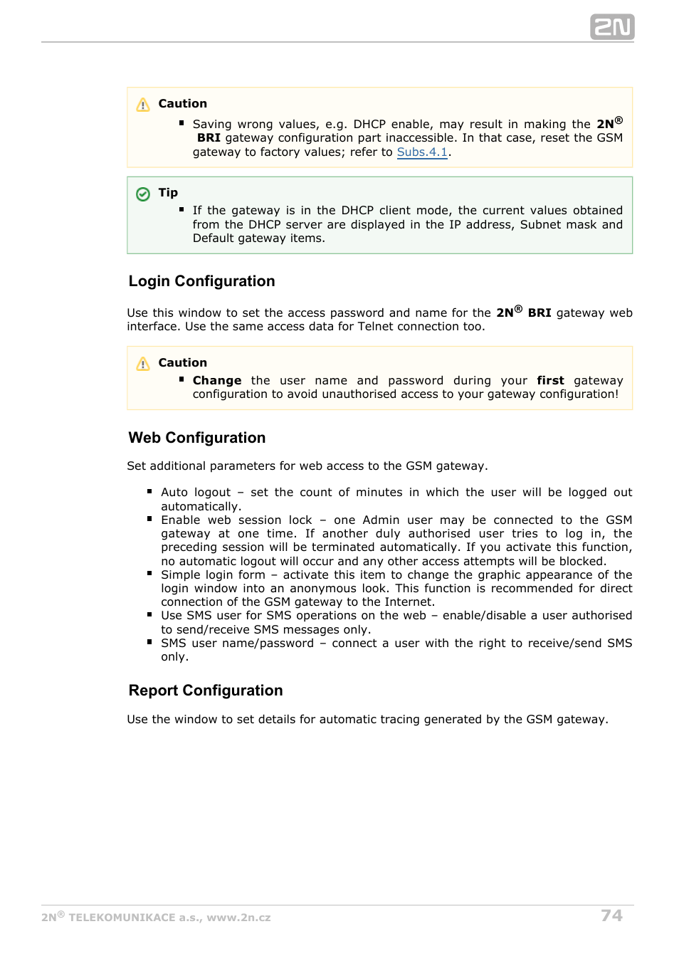 Login configuration, Web configuration, Report configuration | 2N BRI Lite/Enterprise v1.7 User Manual | Page 74 / 130