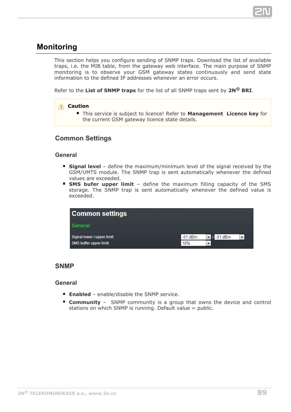 Monitoring, Common settings, Snmp | 2N BRI Lite/Enterprise v1.7 User Manual | Page 89 / 130