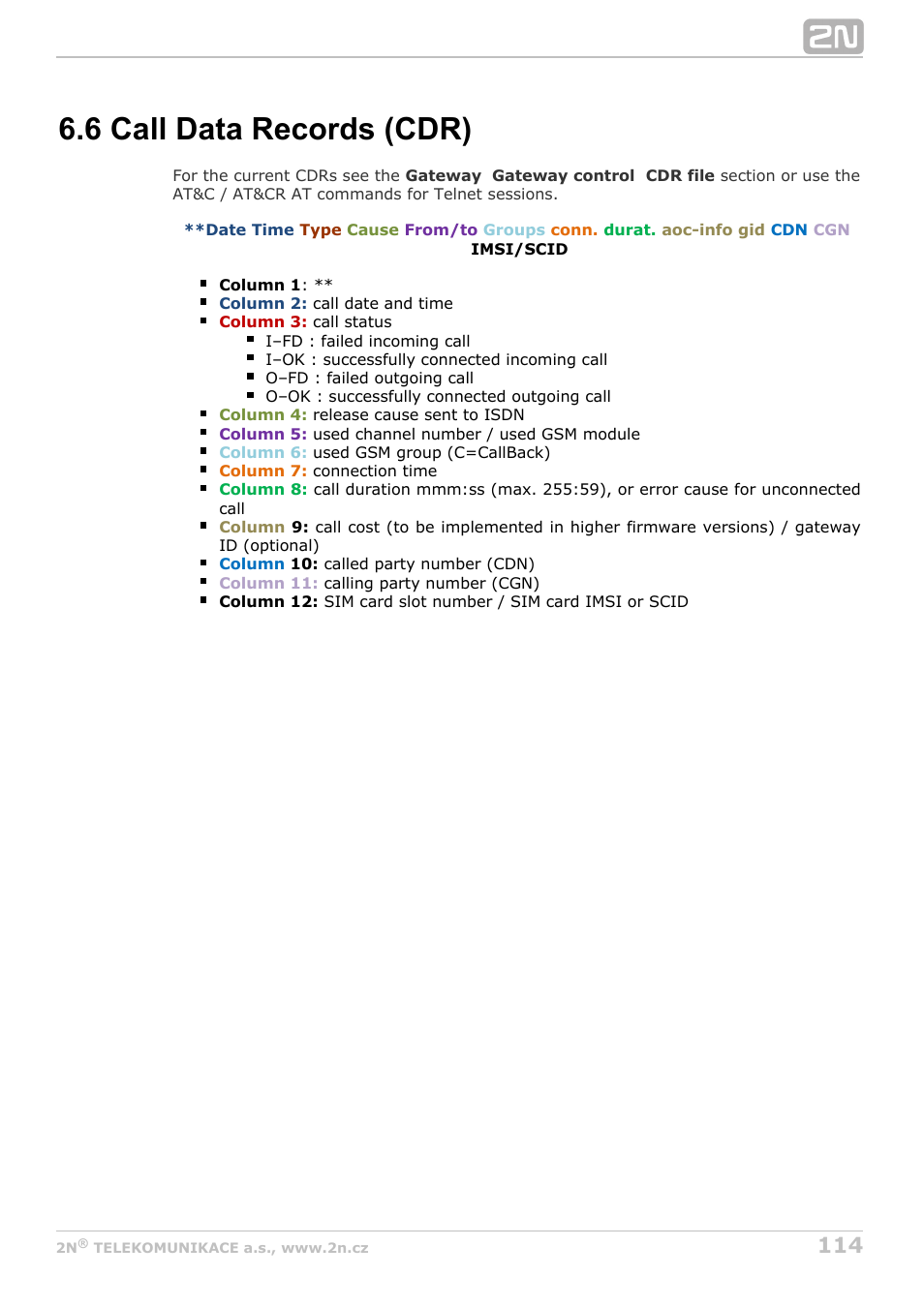 6 call data records (cdr), Subs 6.6 | 2N BRI Lite/Enterprise v1.6 User Manual | Page 114 / 127