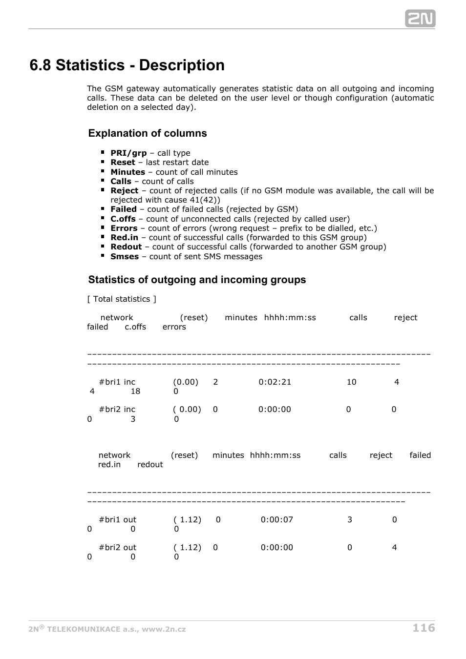8 statistics - description, Subs. 6.7, Explanation of columns | Statistics of outgoing and incoming groups | 2N BRI Lite/Enterprise v1.6 User Manual | Page 116 / 127