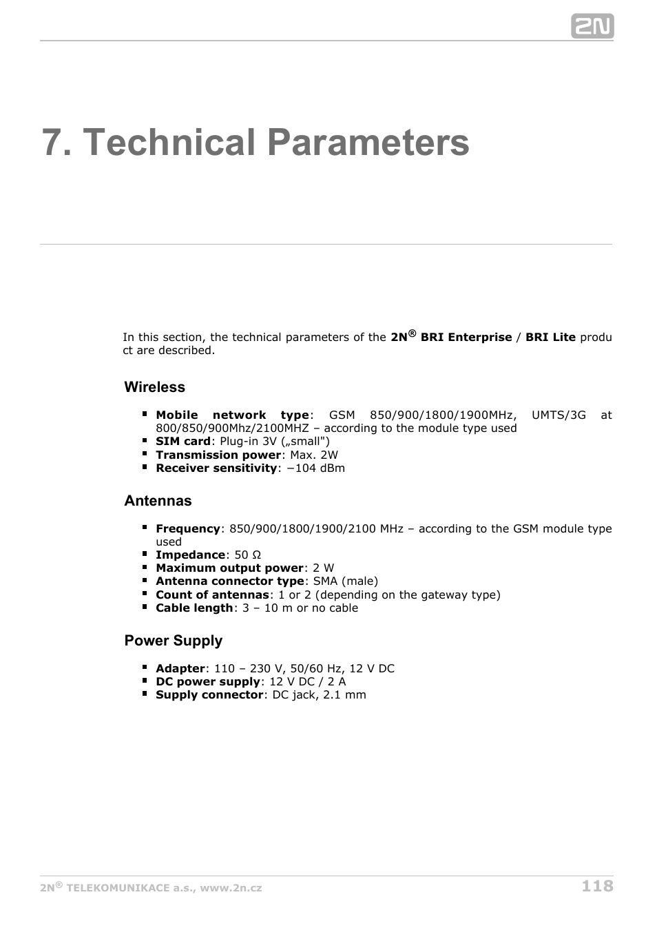 Technical parameters, Refer to, Subs.7 | 2N BRI Lite/Enterprise v1.6 User Manual | Page 118 / 127