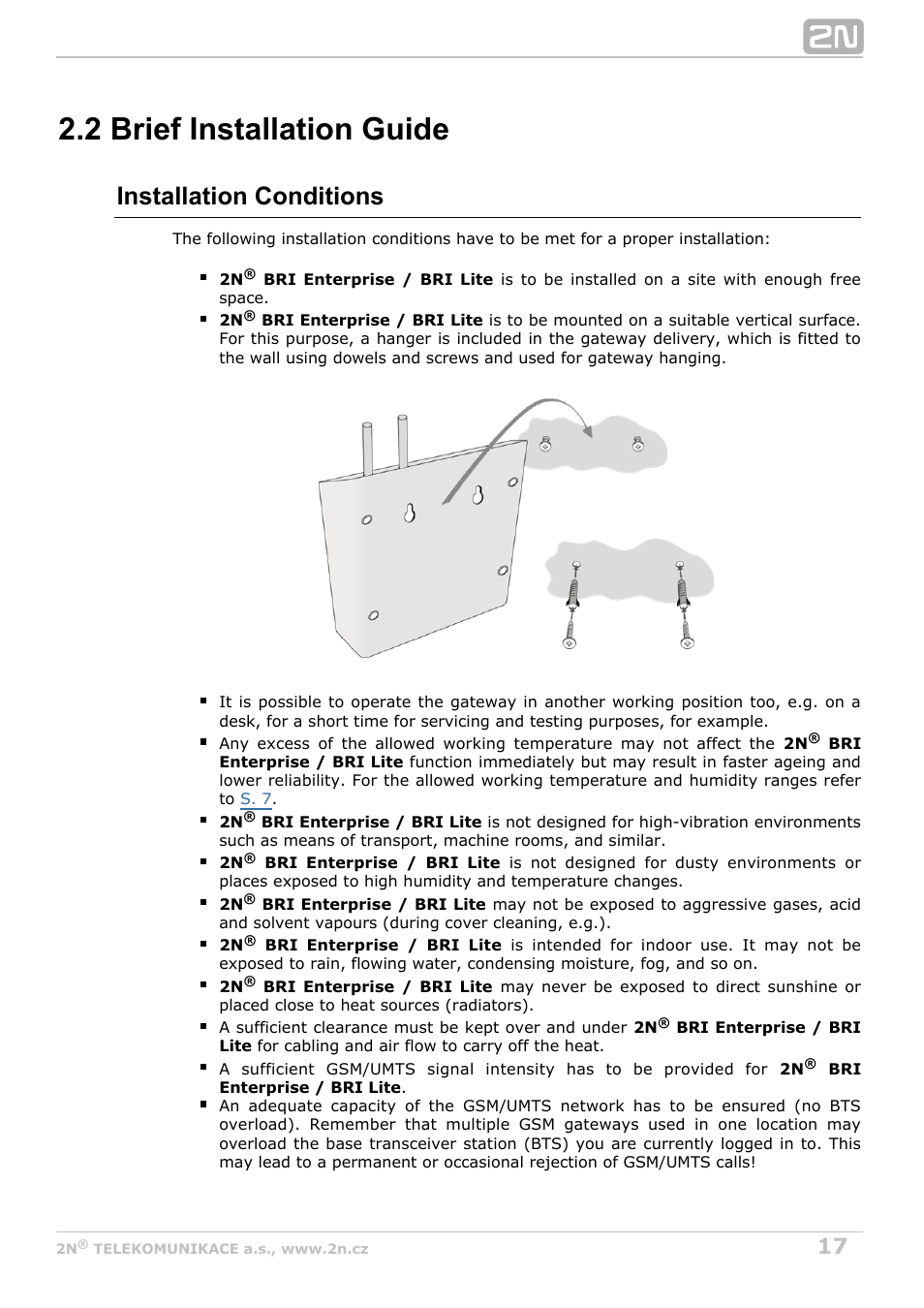2 brief installation guide, Installation conditions | 2N BRI Lite/Enterprise v1.6 User Manual | Page 17 / 127
