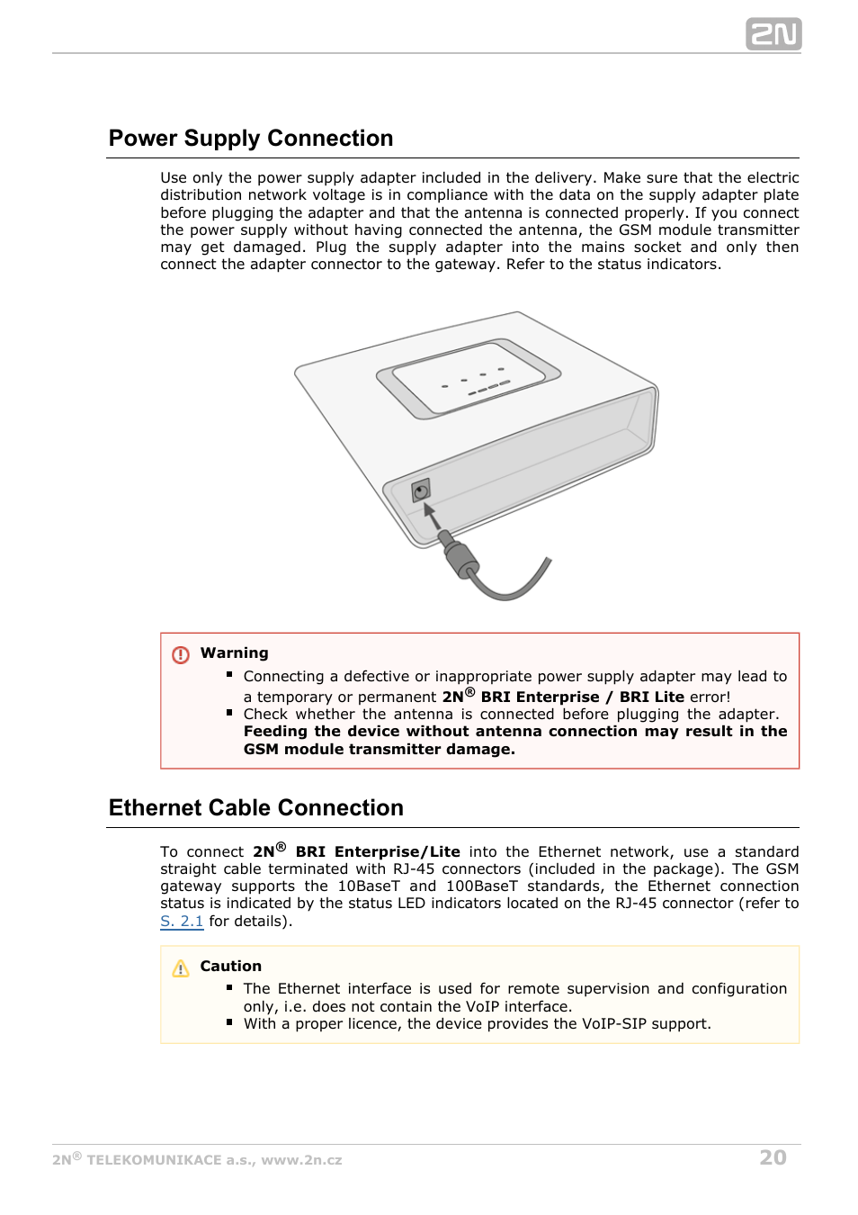 Power supply connection, Ethernet cable connection | 2N BRI Lite/Enterprise v1.6 User Manual | Page 20 / 127
