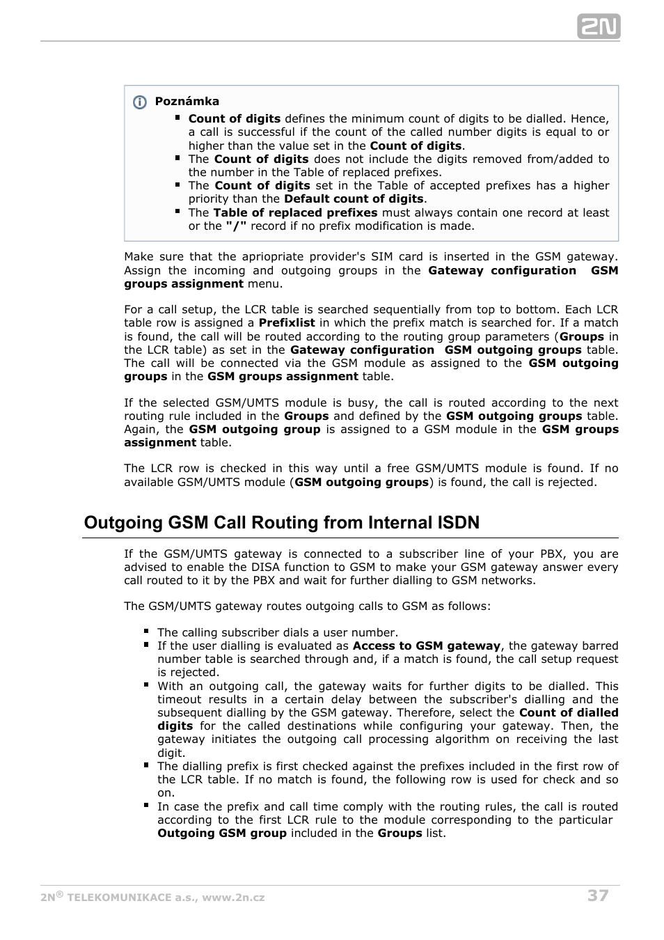 Outgoing gsm call routing from internal isdn | 2N BRI Lite/Enterprise v1.6 User Manual | Page 37 / 127