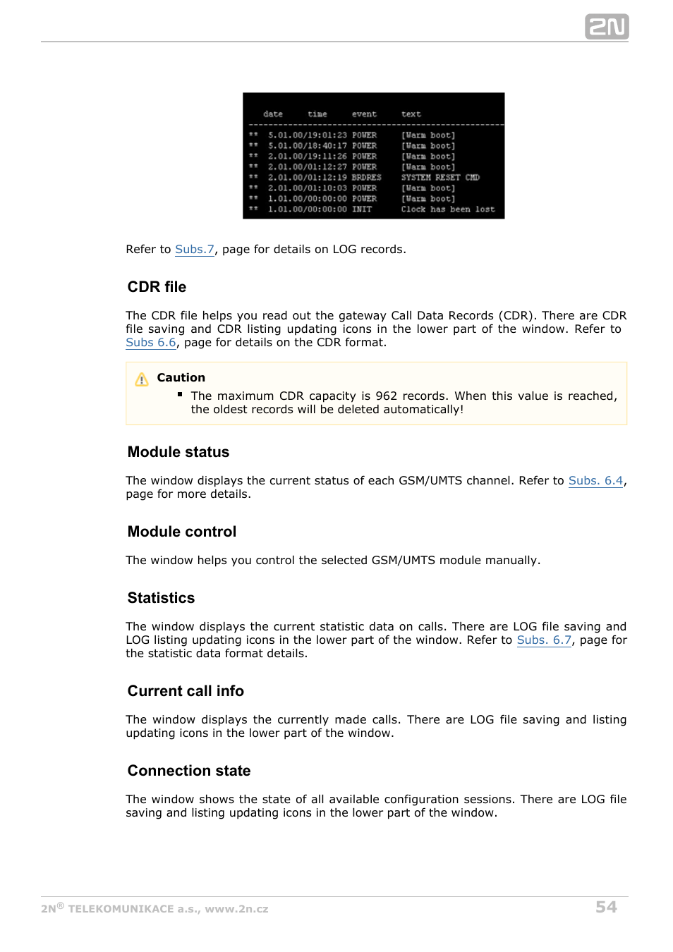 Cdr file, Module status, Module control | Statistics, Current call info, Connection state | 2N BRI Lite/Enterprise v1.6 User Manual | Page 54 / 127