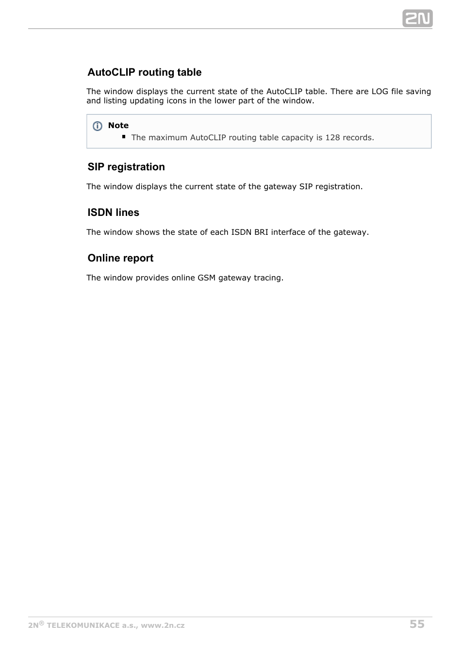 Autoclip routing table, Sip registration, Isdn lines | Online report | 2N BRI Lite/Enterprise v1.6 User Manual | Page 55 / 127