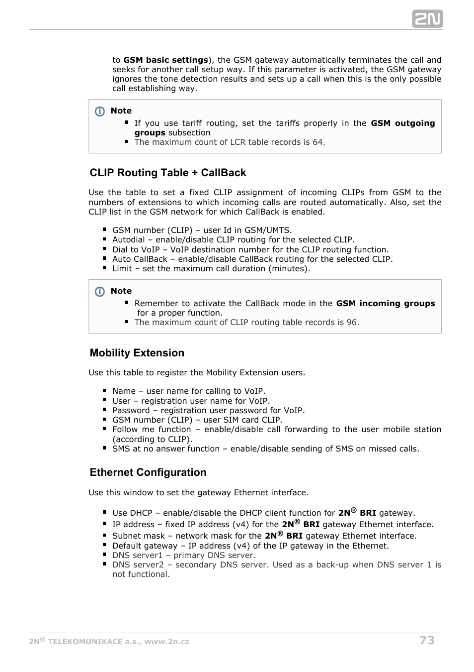Clip routing table + callback, Mobility extension, Ethernet configuration | 2N BRI Lite/Enterprise v1.6 User Manual | Page 73 / 127