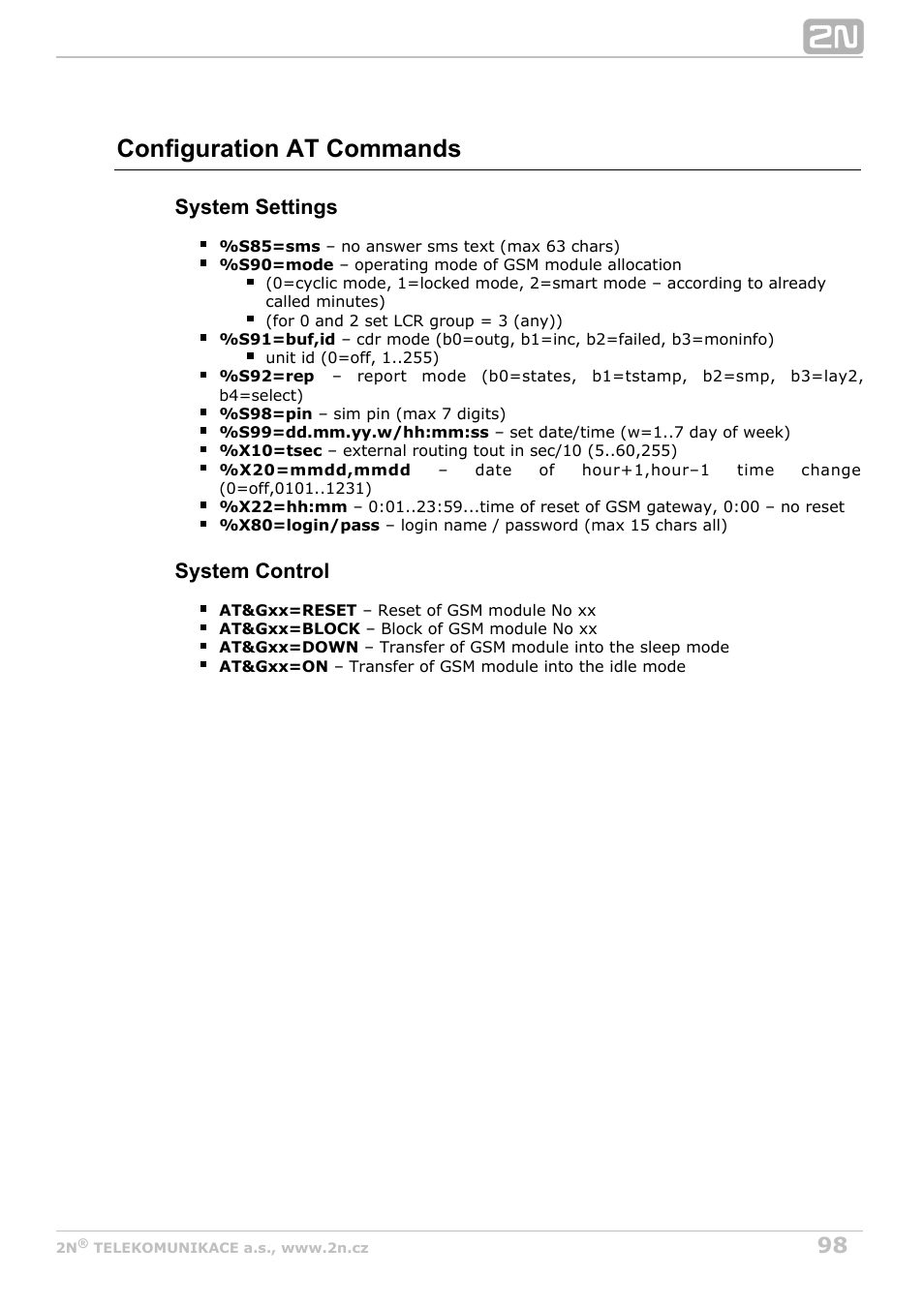 Configuration at commands, System settings, System control | 2N BRI Lite/Enterprise v1.6 User Manual | Page 98 / 127