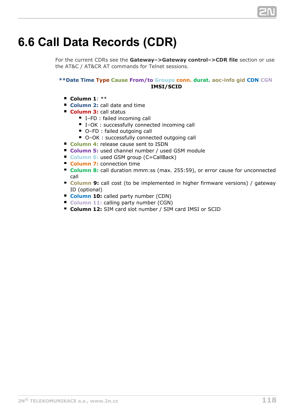 6 call data records (cdr), Subs 6.6 | 2N BRI Lite/Enterprise v1.5 User Manual | Page 118 / 134
