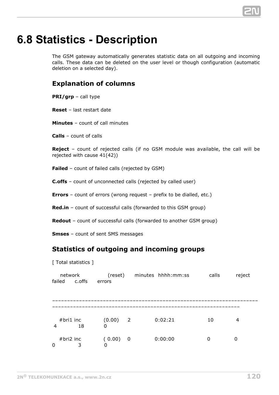 8 statistics - description, Explanation of columns, Statistics of outgoing and incoming groups | 2N BRI Lite/Enterprise v1.5 User Manual | Page 120 / 134