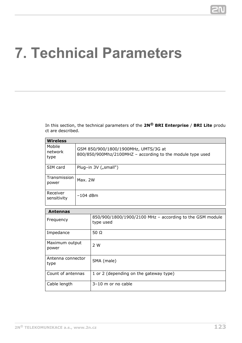 Technical parameters, Refer to, Subs.7 | 2N BRI Lite/Enterprise v1.5 User Manual | Page 123 / 134