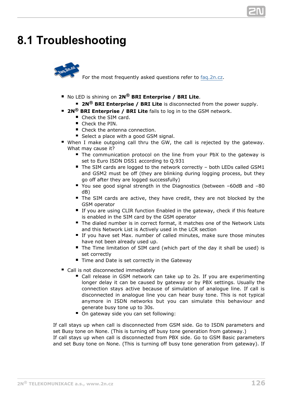 1 troubleshooting | 2N BRI Lite/Enterprise v1.5 User Manual | Page 126 / 134