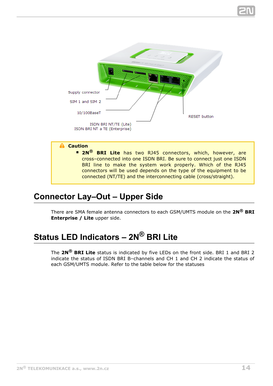 Connector lay–out – upper side, Status led indicators – 2n bri lite | 2N BRI Lite/Enterprise v1.5 User Manual | Page 14 / 134