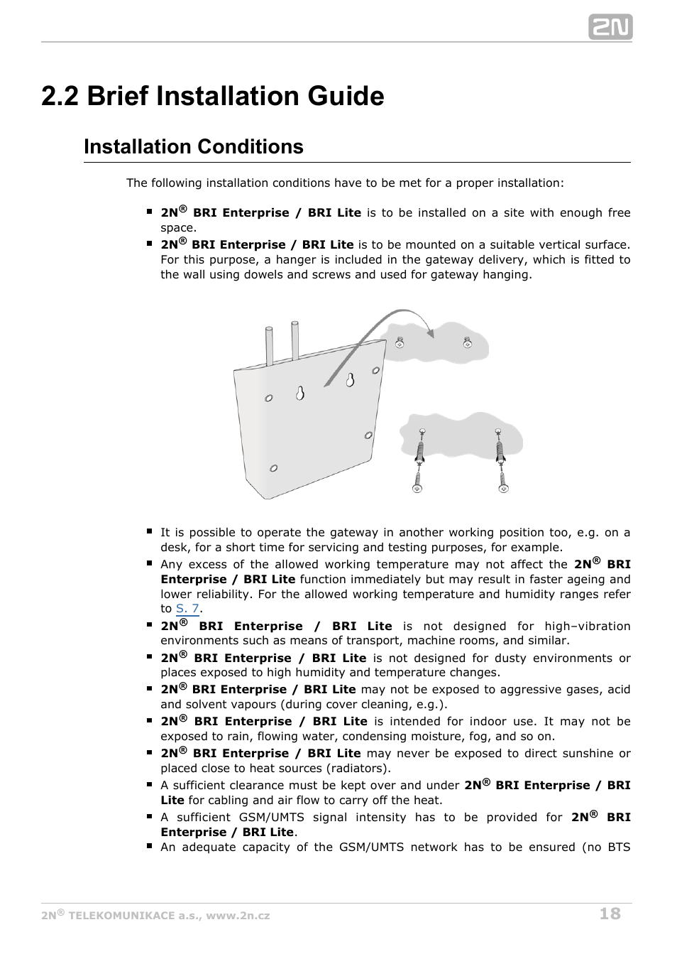 2 brief installation guide, Installation conditions | 2N BRI Lite/Enterprise v1.5 User Manual | Page 18 / 134