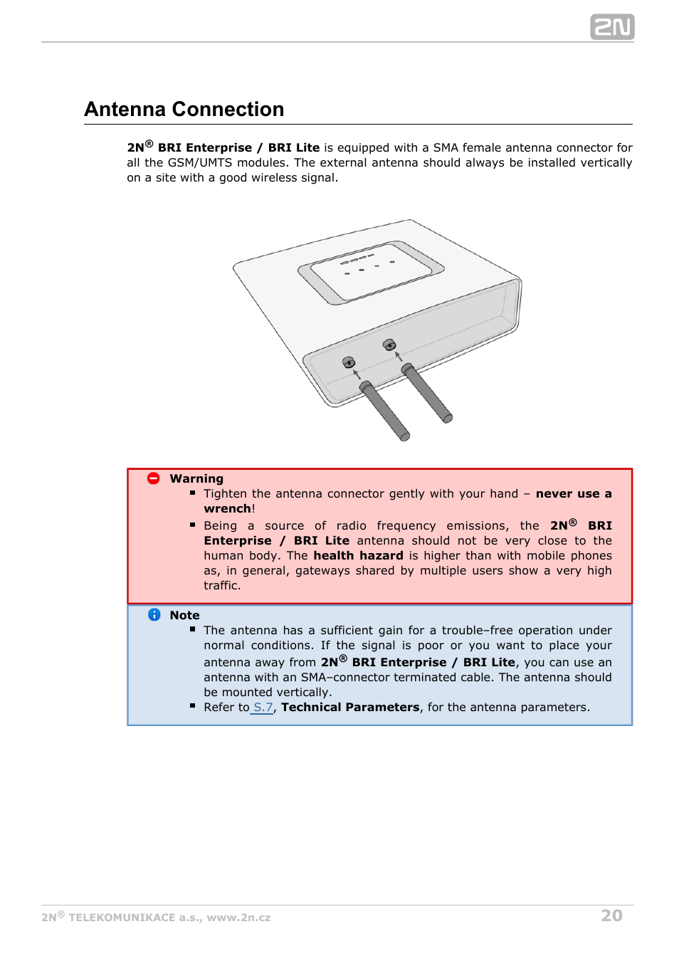 Antenna connection | 2N BRI Lite/Enterprise v1.5 User Manual | Page 20 / 134