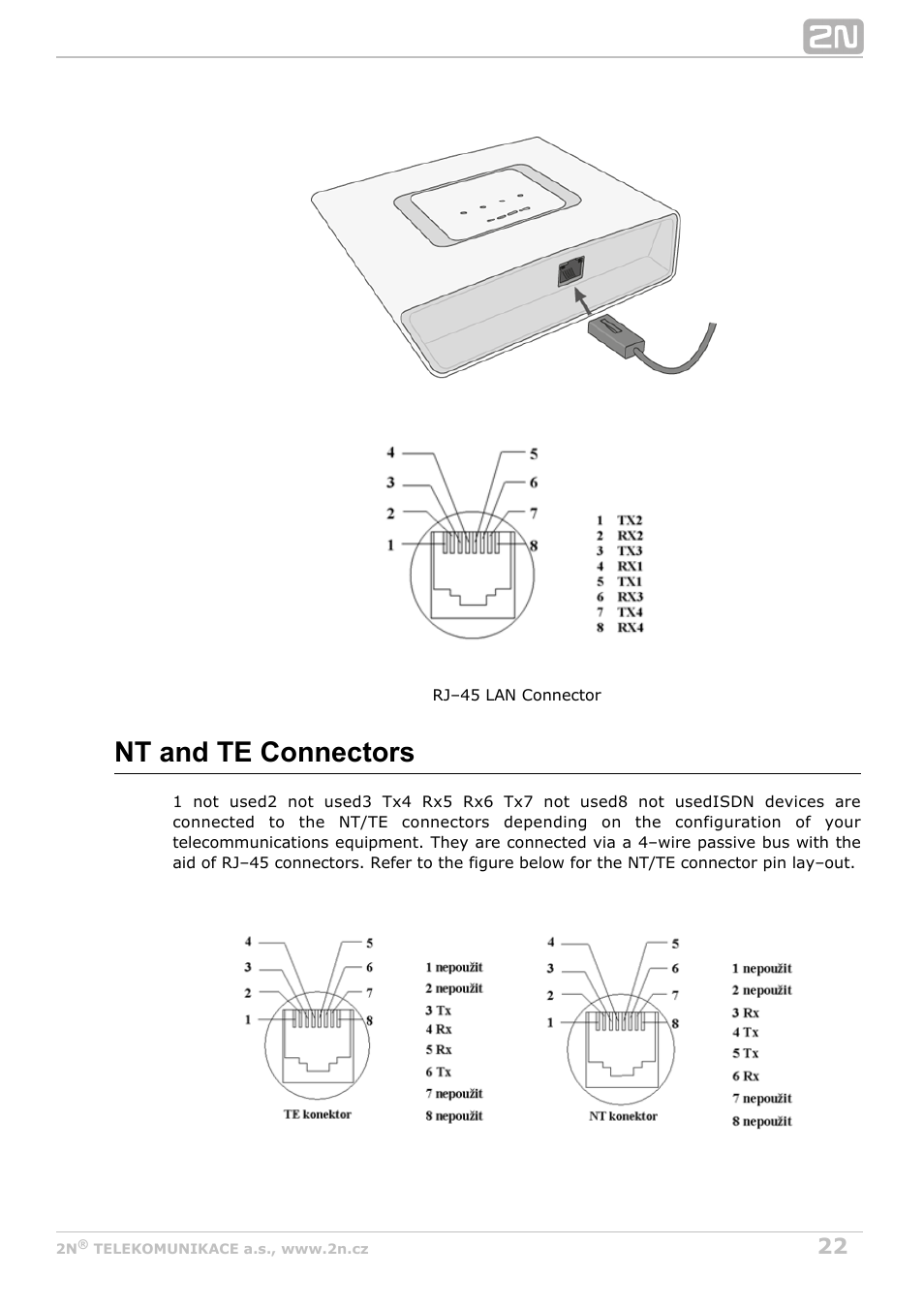 Nt and te connectors | 2N BRI Lite/Enterprise v1.5 User Manual | Page 22 / 134