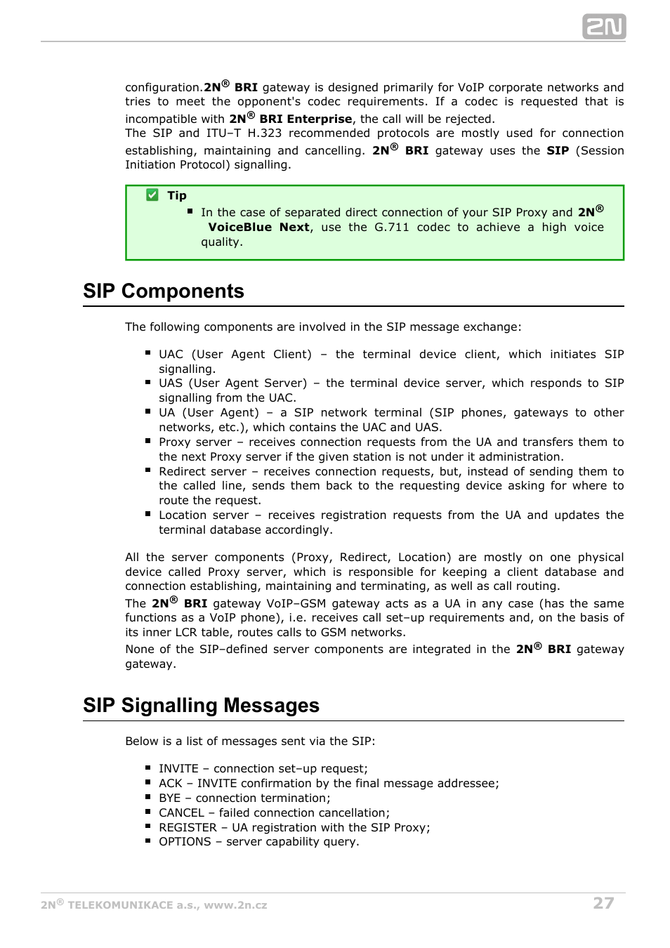 Sip components, Sip signalling messages | 2N BRI Lite/Enterprise v1.5 User Manual | Page 27 / 134