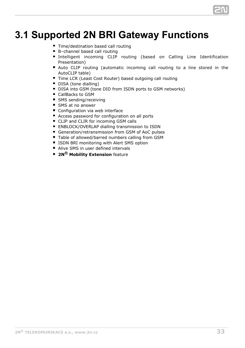 1 supported 2n bri gateway functions | 2N BRI Lite/Enterprise v1.5 User Manual | Page 33 / 134