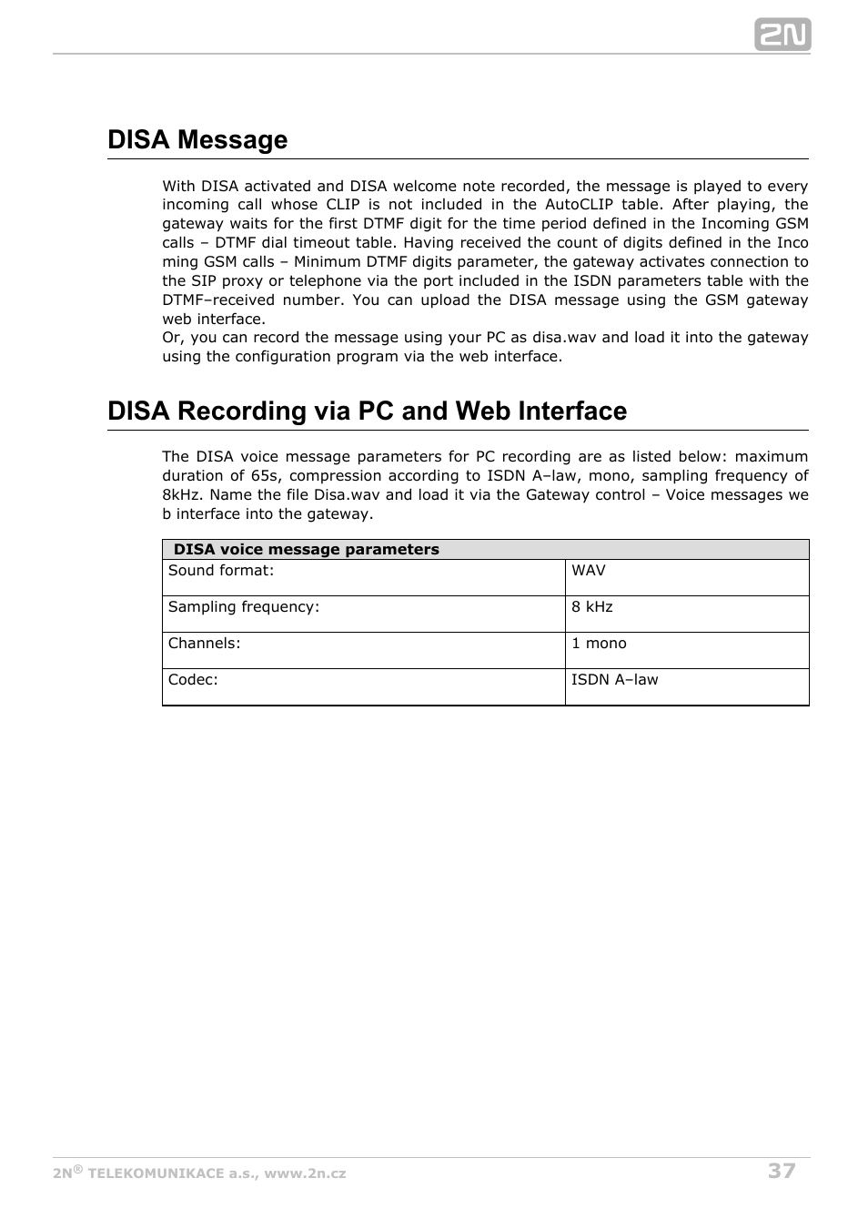 Disa message, Disa recording via pc and web interface | 2N BRI Lite/Enterprise v1.5 User Manual | Page 37 / 134