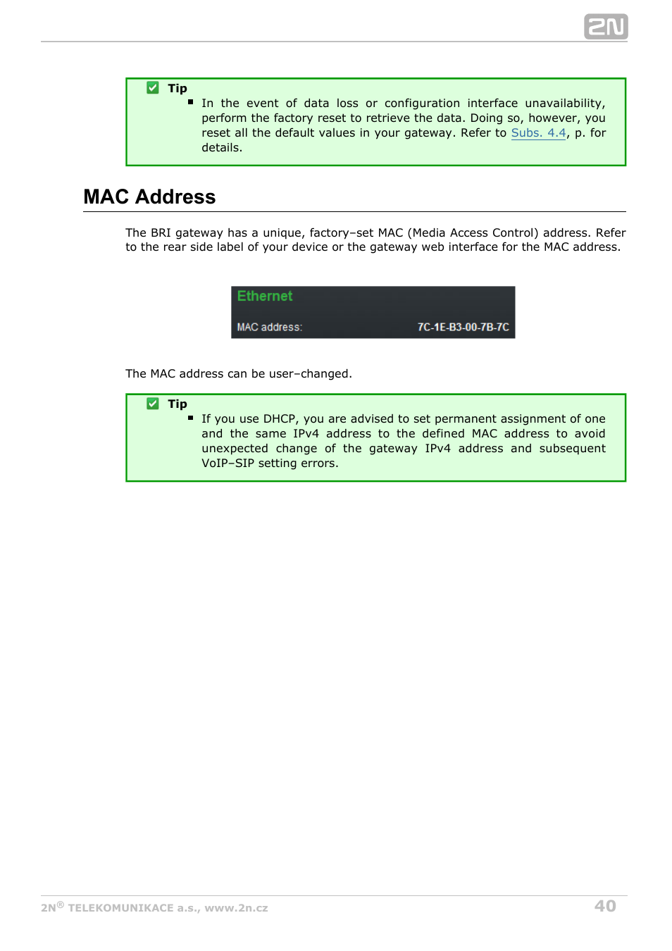 Mac address | 2N BRI Lite/Enterprise v1.5 User Manual | Page 40 / 134