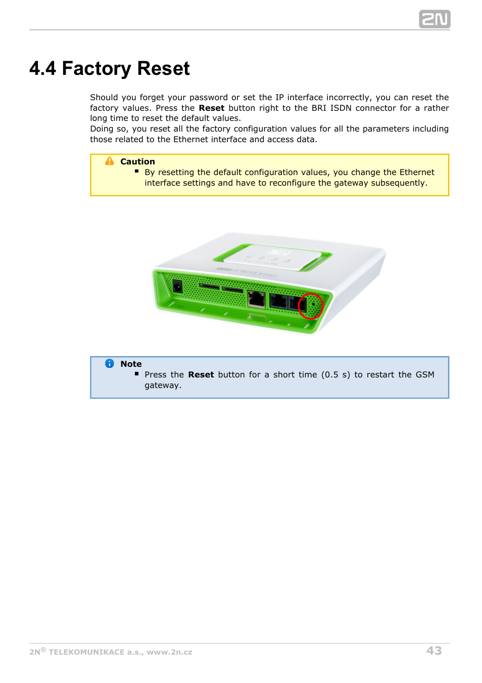 4 factory reset | 2N BRI Lite/Enterprise v1.5 User Manual | Page 43 / 134