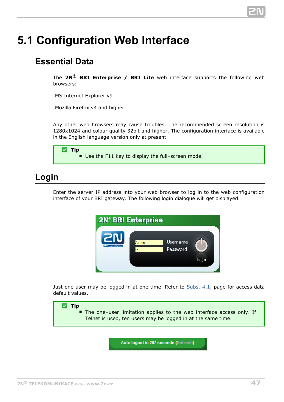 1 configuration web interface, Essential data, Login | 2N BRI Lite/Enterprise v1.5 User Manual | Page 47 / 134