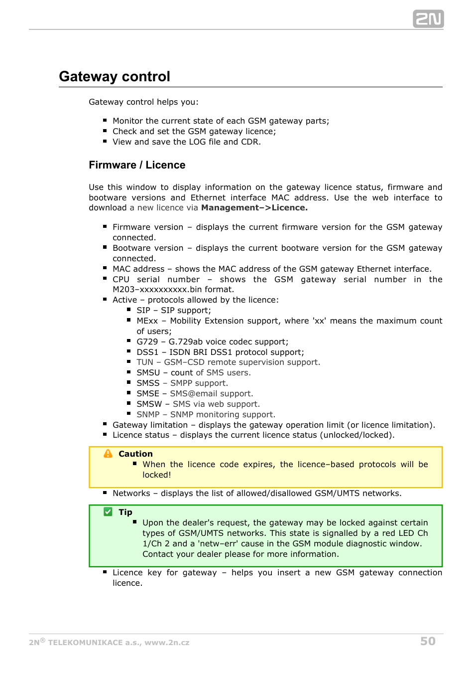 Gateway control, Firmware / licence | 2N BRI Lite/Enterprise v1.5 User Manual | Page 50 / 134