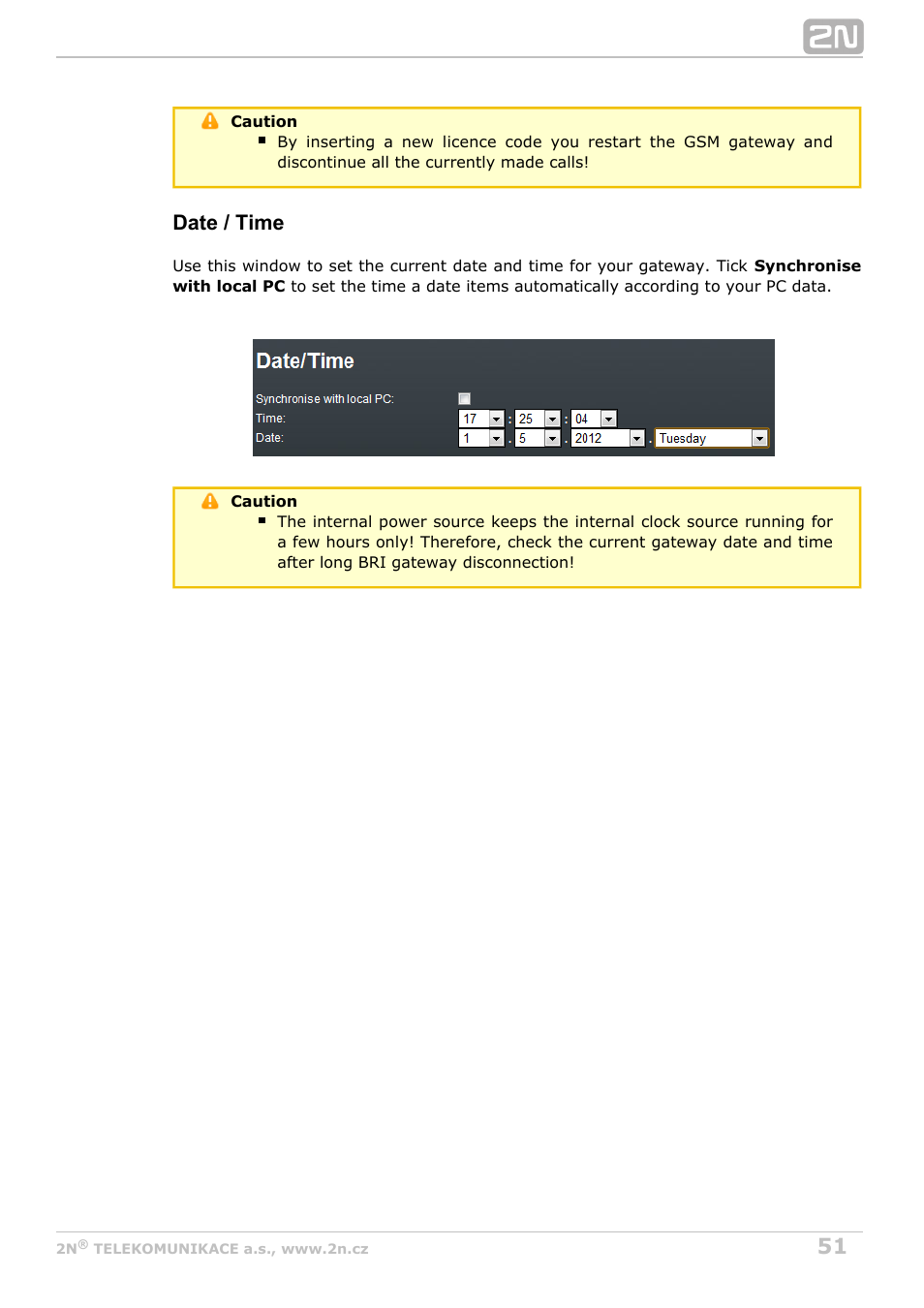 Date / time | 2N BRI Lite/Enterprise v1.5 User Manual | Page 51 / 134