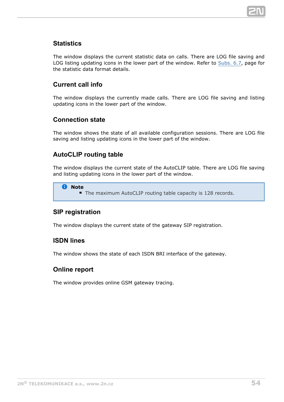 Statistics, Current call info, Connection state | Autoclip routing table, Sip registration, Isdn lines, Online report | 2N BRI Lite/Enterprise v1.5 User Manual | Page 54 / 134