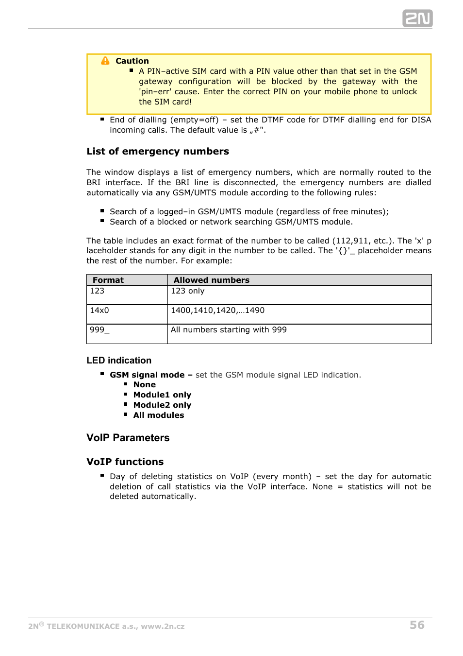 Voip parameters | 2N BRI Lite/Enterprise v1.5 User Manual | Page 56 / 134