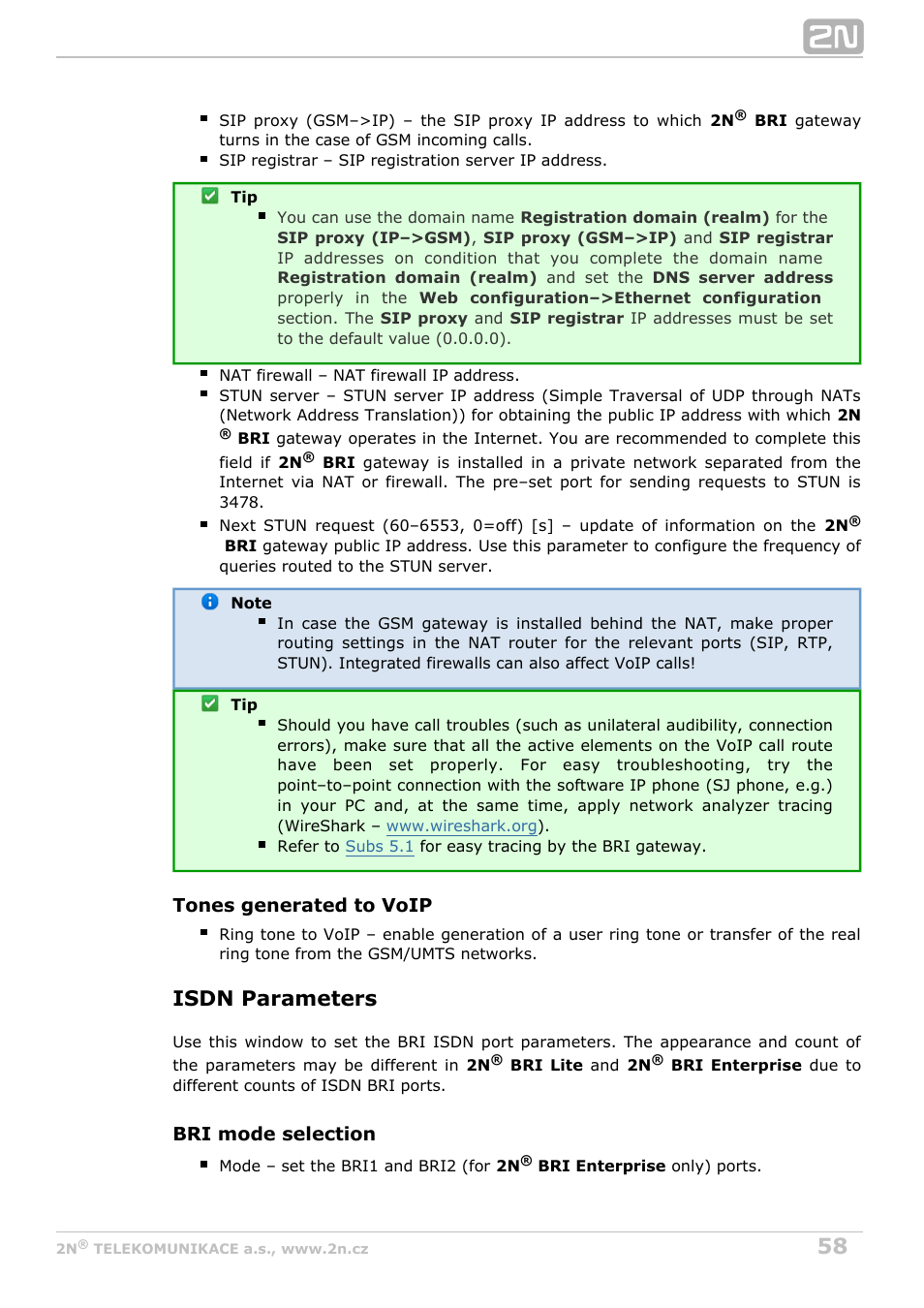 Isdn parameters | 2N BRI Lite/Enterprise v1.5 User Manual | Page 58 / 134