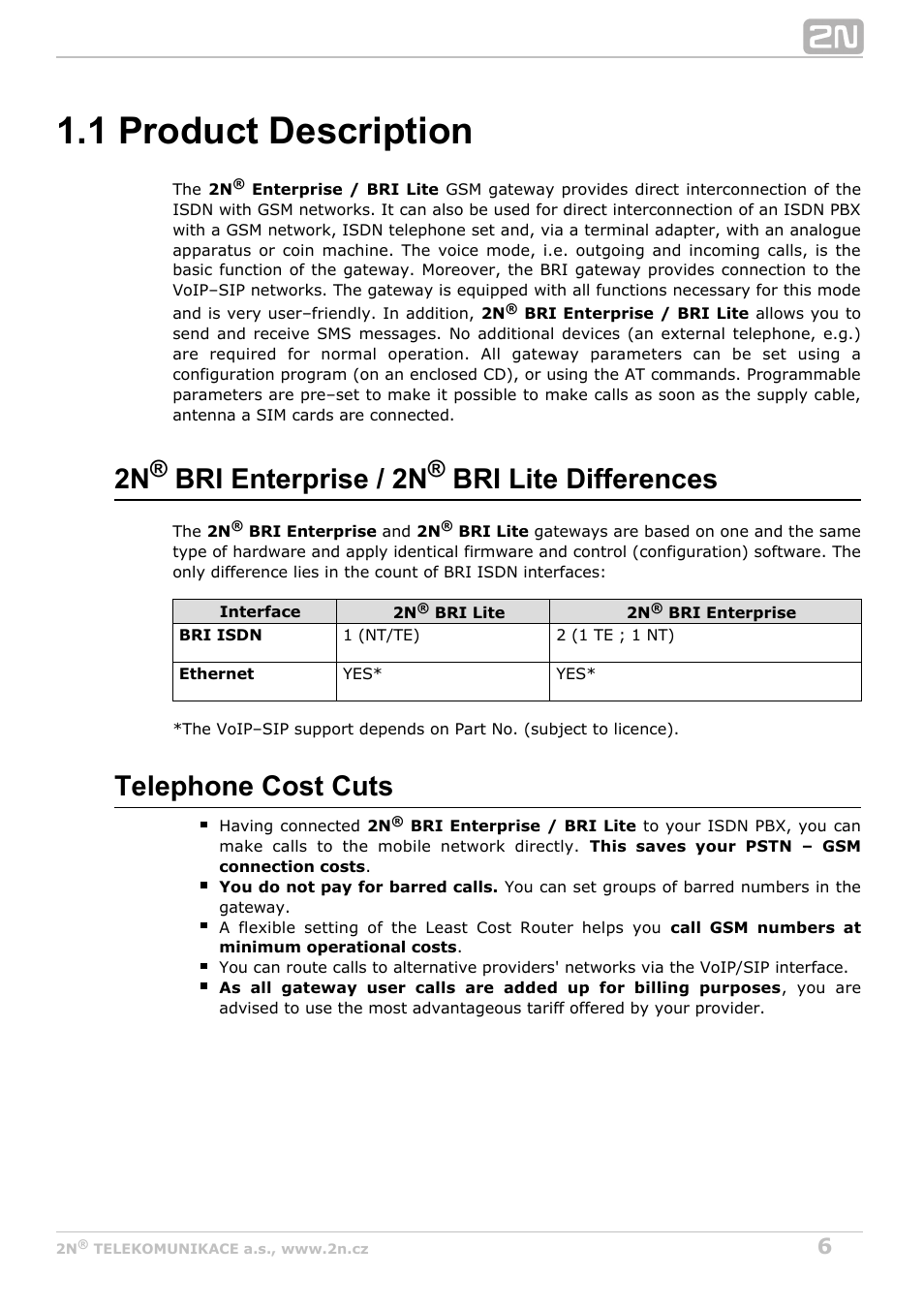 1 product description, 2n bri enterprise / 2n bri lite differences, Telephone cost cuts | 2N BRI Lite/Enterprise v1.5 User Manual | Page 6 / 134