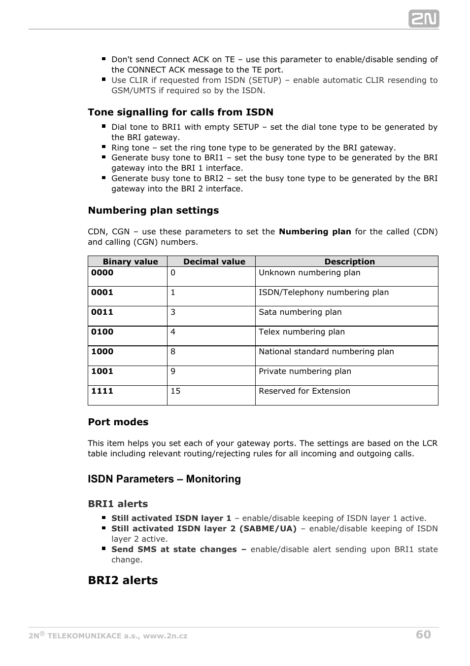 Bri2 alerts, Isdn parameters – monitoring | 2N BRI Lite/Enterprise v1.5 User Manual | Page 60 / 134