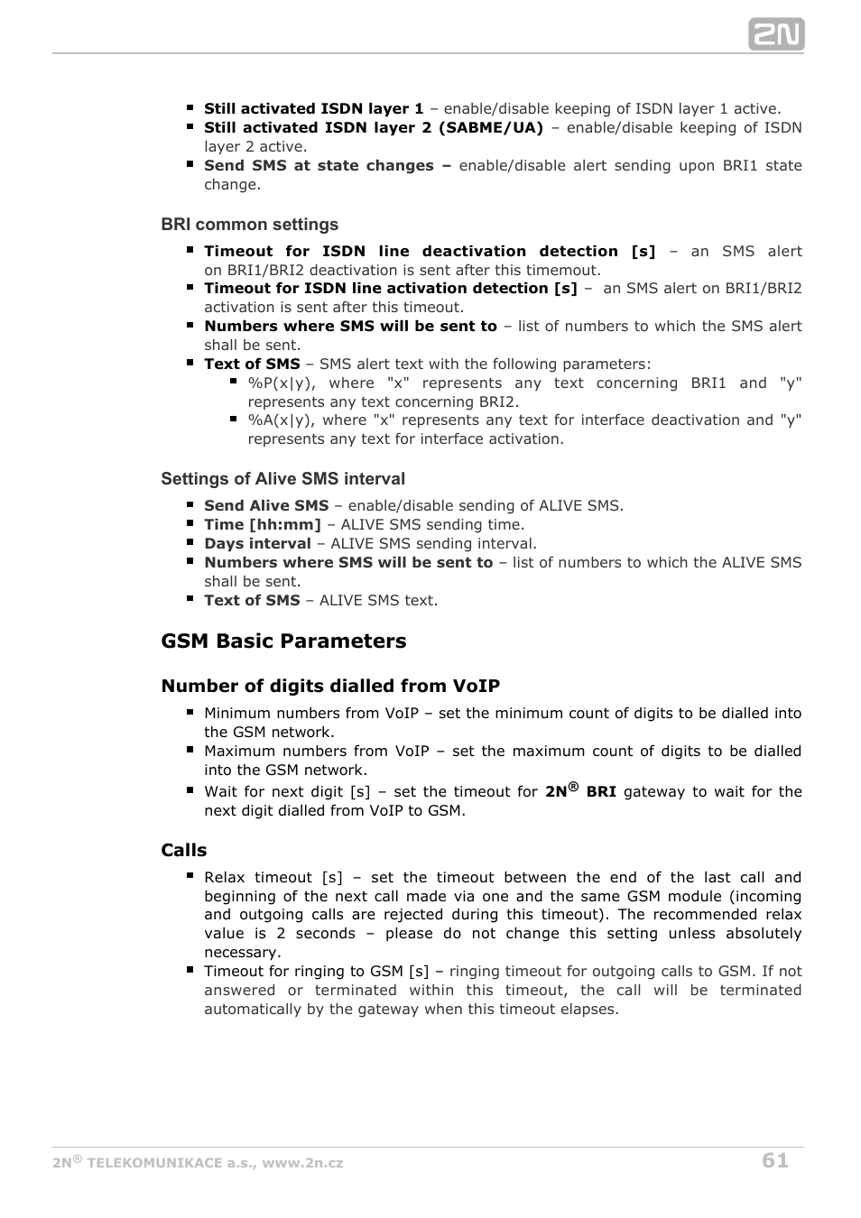 Gsm basic parameters | 2N BRI Lite/Enterprise v1.5 User Manual | Page 61 / 134