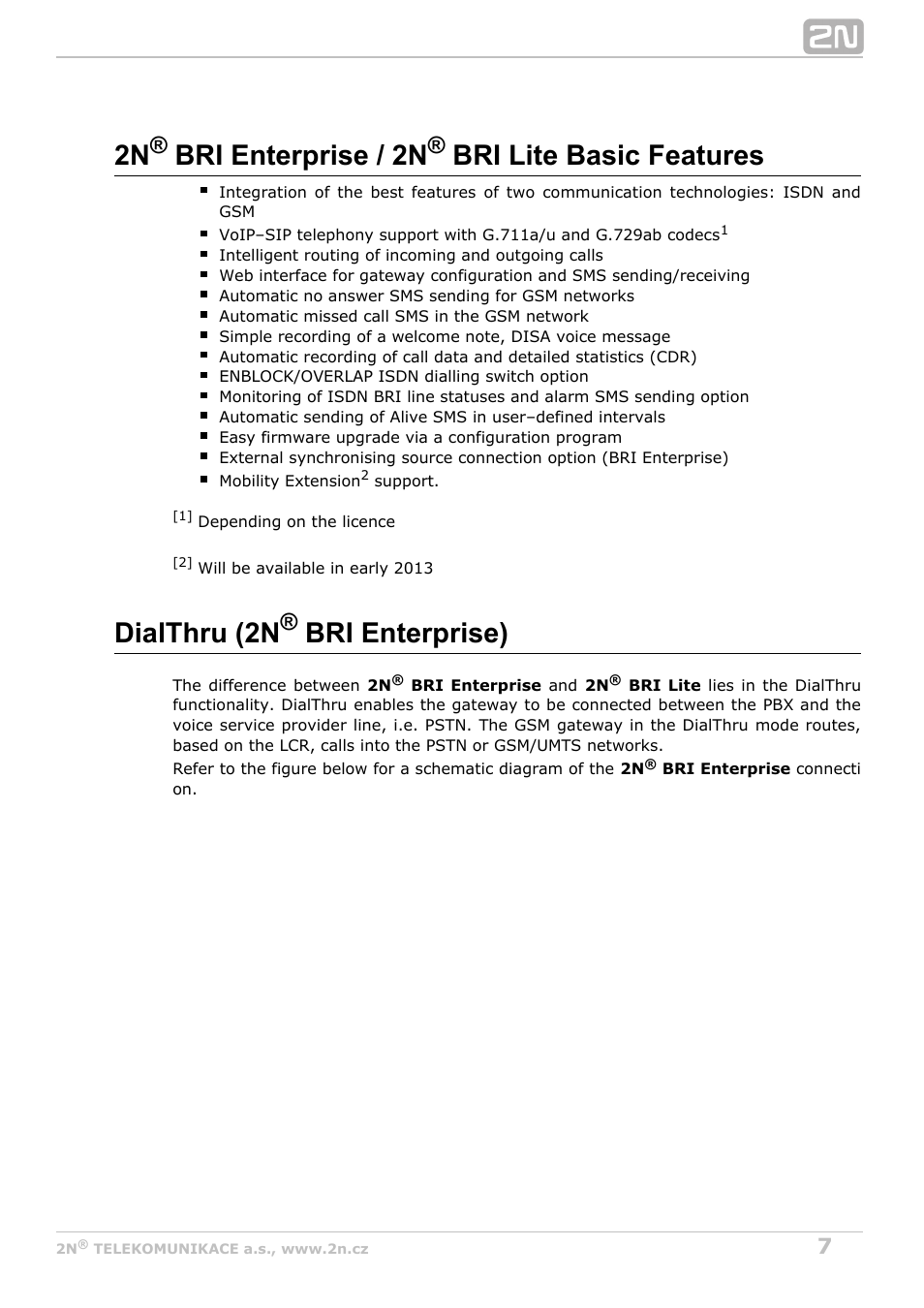 2n bri enterprise / 2n bri lite basic features, Dialthru (2n bri enterprise) | 2N BRI Lite/Enterprise v1.5 User Manual | Page 7 / 134