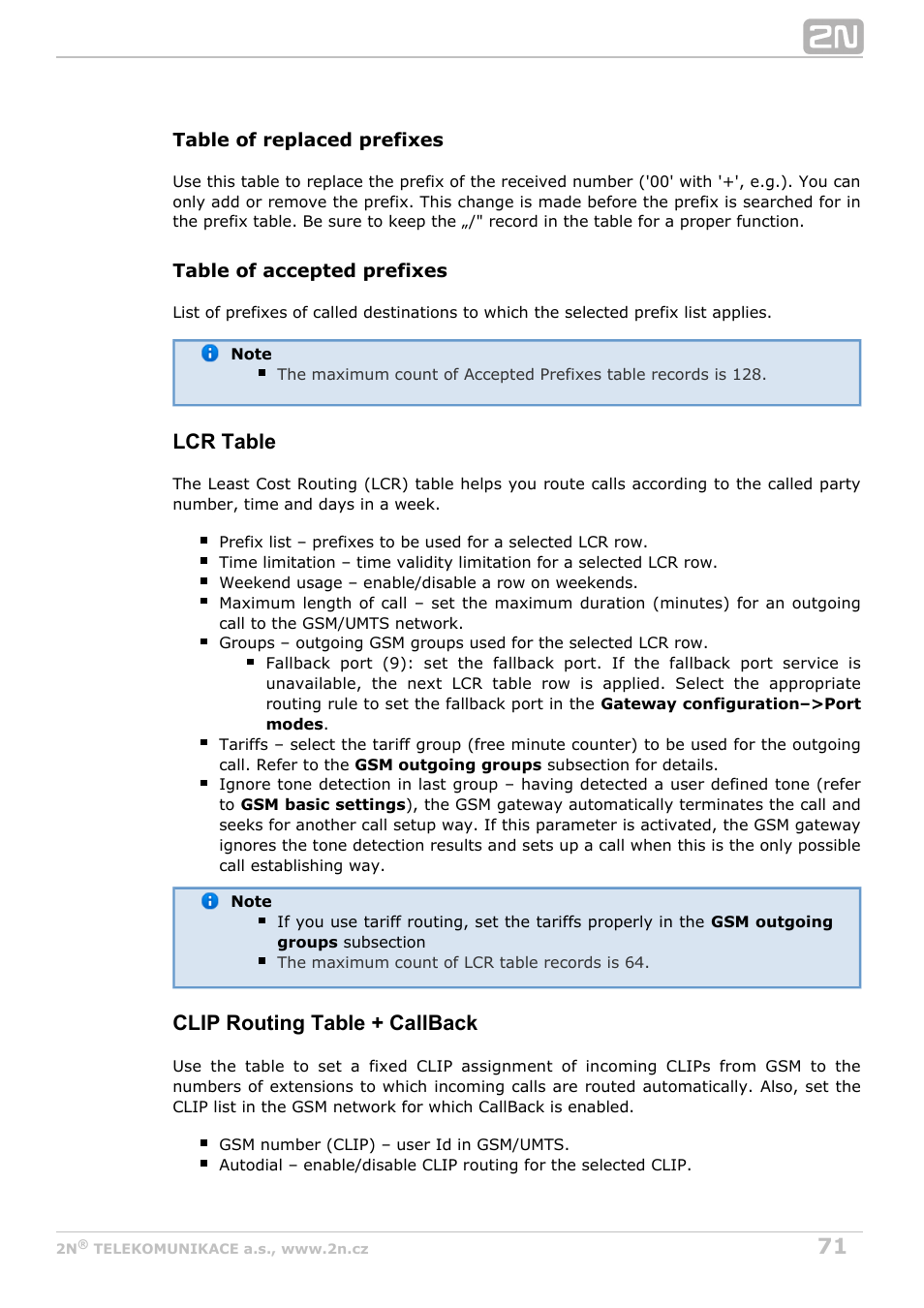 Lcr table, Clip routing table + callback | 2N BRI Lite/Enterprise v1.5 User Manual | Page 71 / 134